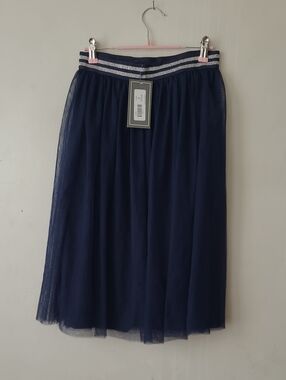 Navy Tulle Midi Skirt with Glitter Elastic Waistband
